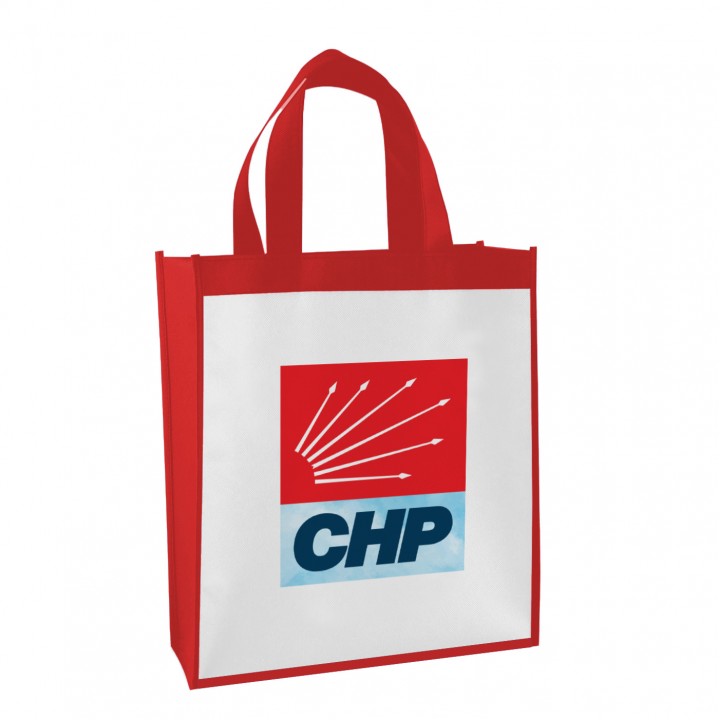 CHP Logolu Kırmızı Biyeli Nonwoven Elyaf Çanta 25x35 cm Körüklü El Saplı Promosyon Model
